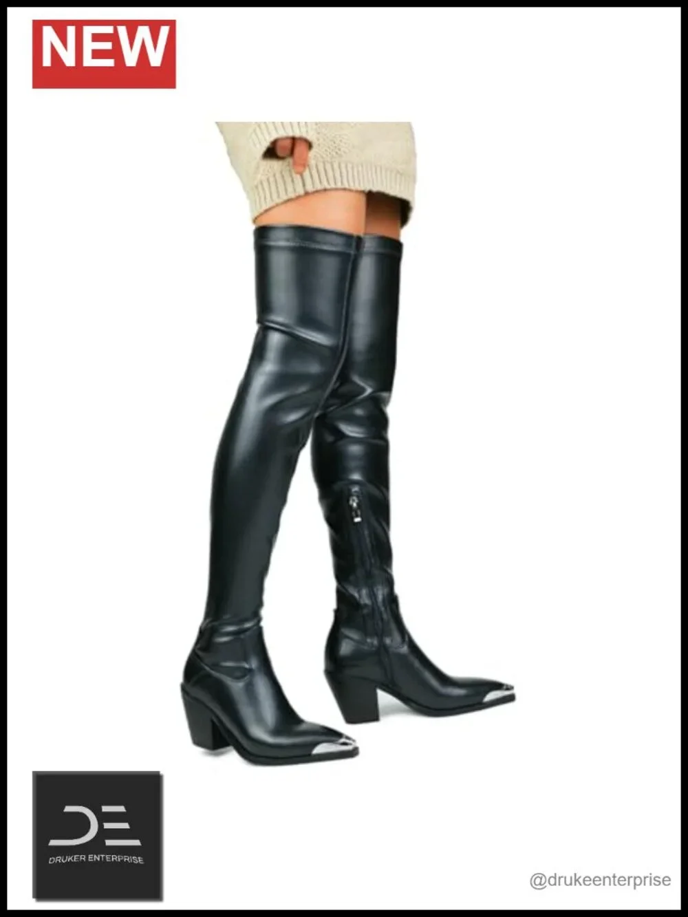 Faux Leather Pointed Toe Chunky Heel Thigh High Boots Side Zipper